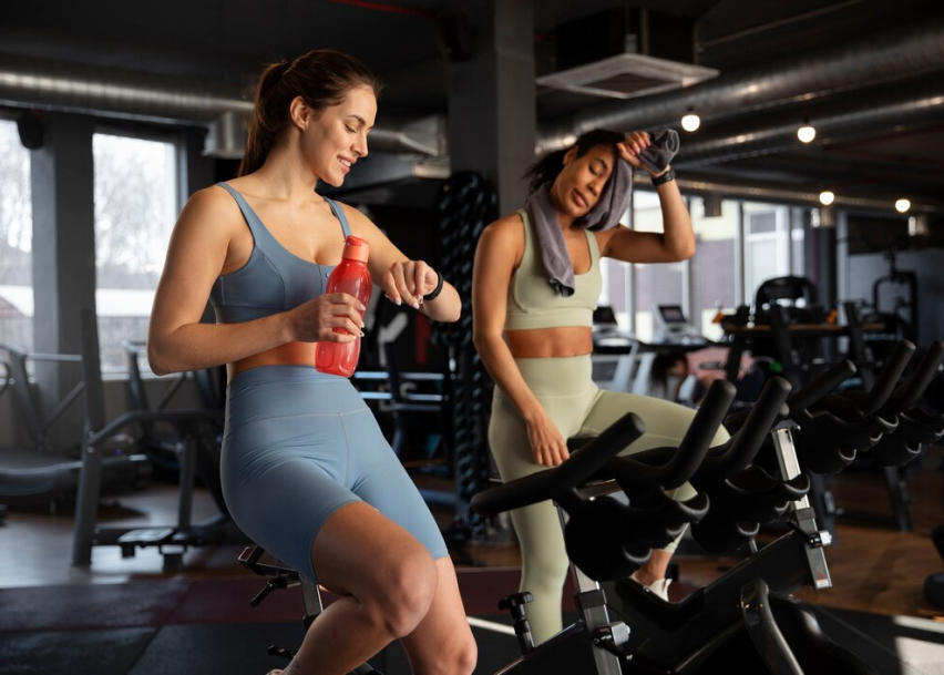Две девушки занимаются спортом на велотренажерах